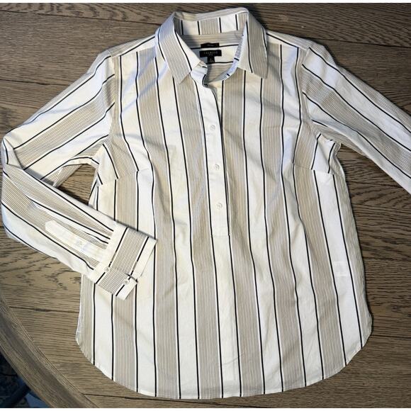 Talbots Tops - Talbots Womens Top Sz P White Black Tan Non-Iron Popover Shirt Long Sleeve